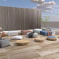 Cozy Floor Cushions And Poufs With Wooden Wall And Plants On Wooden Floor