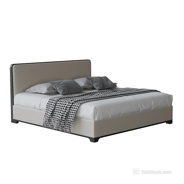 Double Bed With Upholstered Headboard Gray White Pillows And Checkered Blanket 3d model