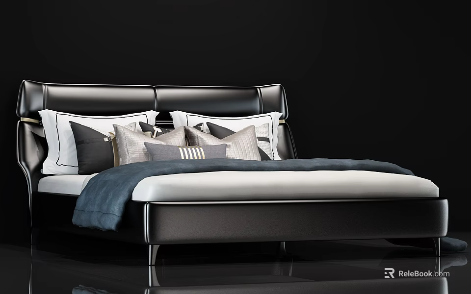 Modern Black Leather Double Bed With White Gray Pillows And Blue Blanket 3d model