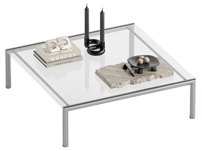 Modern Glass Top Coffee Table With Metal Frame Books Black Candles And Stone Tray 3d model