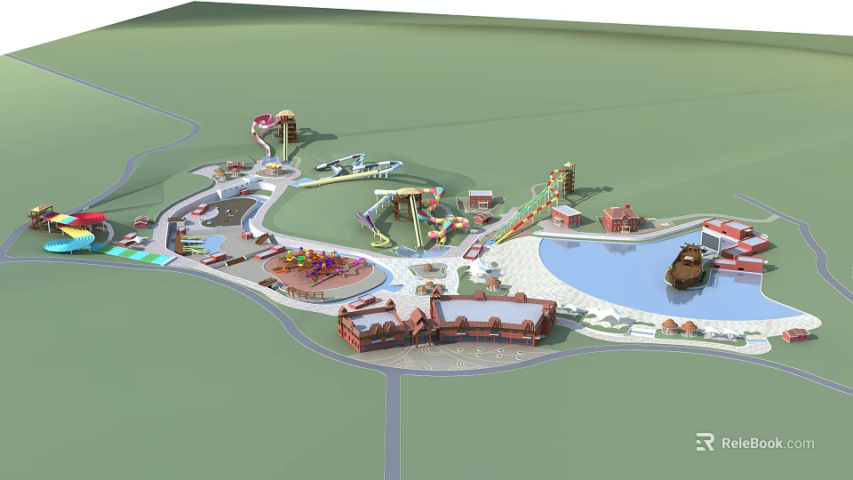 Colorful Amusement Park 3D Layout With Slide Water Pool Buildings And Roads 3d model 