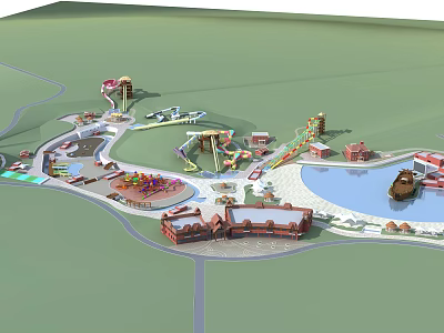 Colorful Amusement Park 3D Layout With Slide Water Pool Buildings And Roads 3d model