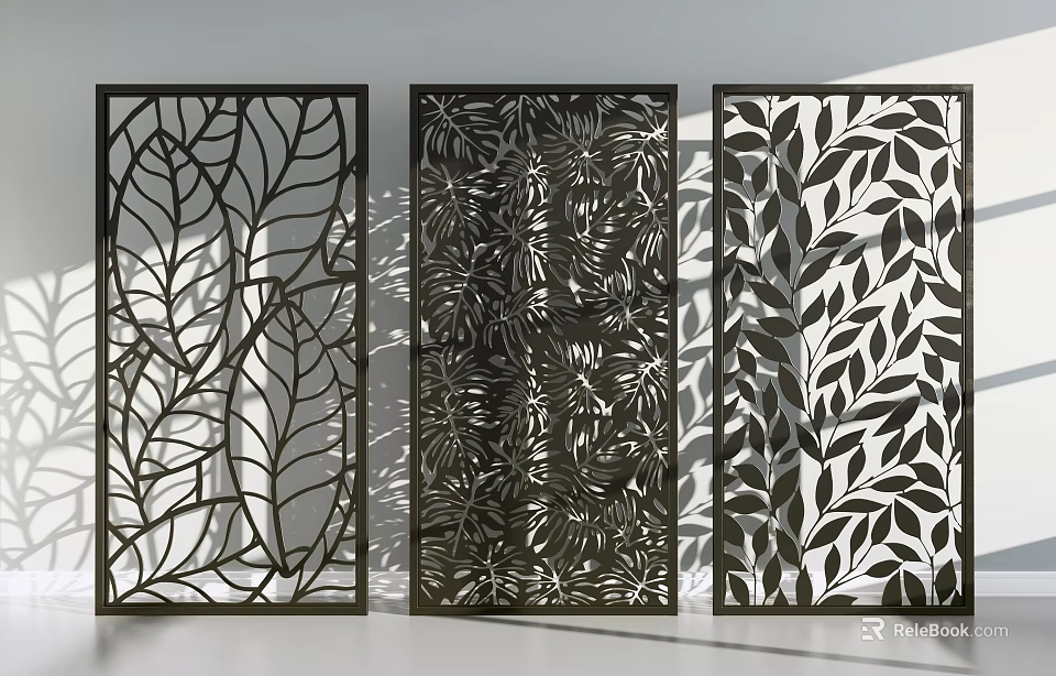 Set of Three Decorative Black Room Dividers With Intricate Leaf Cutout Patterns 3d model 
