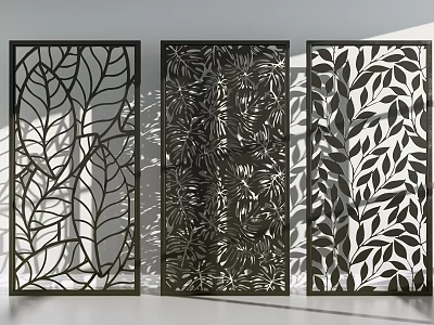 Set of Three Decorative Black Room Dividers With Intricate Leaf Cutout Patterns 3d model