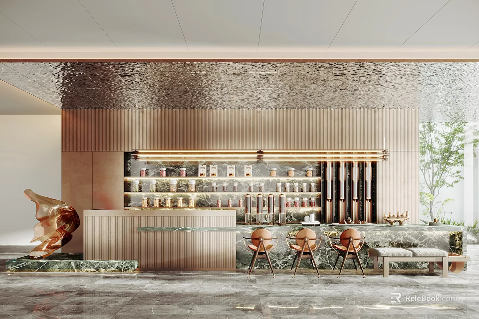 Modern Luxury Bar Interior With Gold Decor Marble Countertop High Stools And Green Plants 3d model 