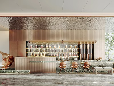 Modern Luxury Bar Interior With Gold Decor Marble Countertop High Stools And Green Plants 3d model