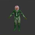 3D Rendered Humanoid Model In Green White Costume With Red Gloves And Yellow Details