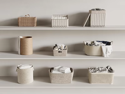 Woven Storage Baskets for Clothes Organizing on Shelf with Natural Tone 3d model
