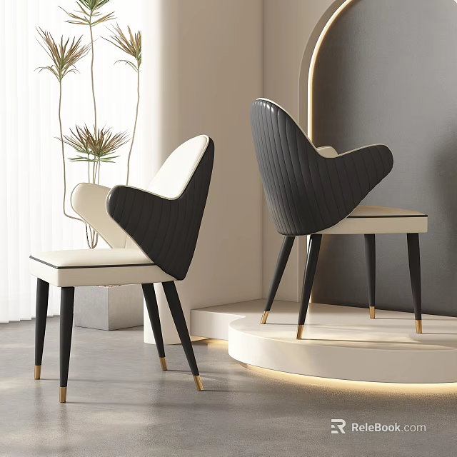 Modern Black And White Dining Chairs With Striped Backrest And Golden Metal Legs 3d model 