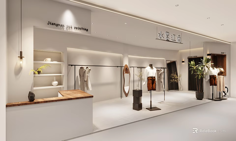 Modern Clothing Store Interior With Display Racks Mannequins And White Decor 3d model 