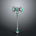 Fantasy Warhammer Weapon With Green Gemstones Silver Decorations And Twisted Handle