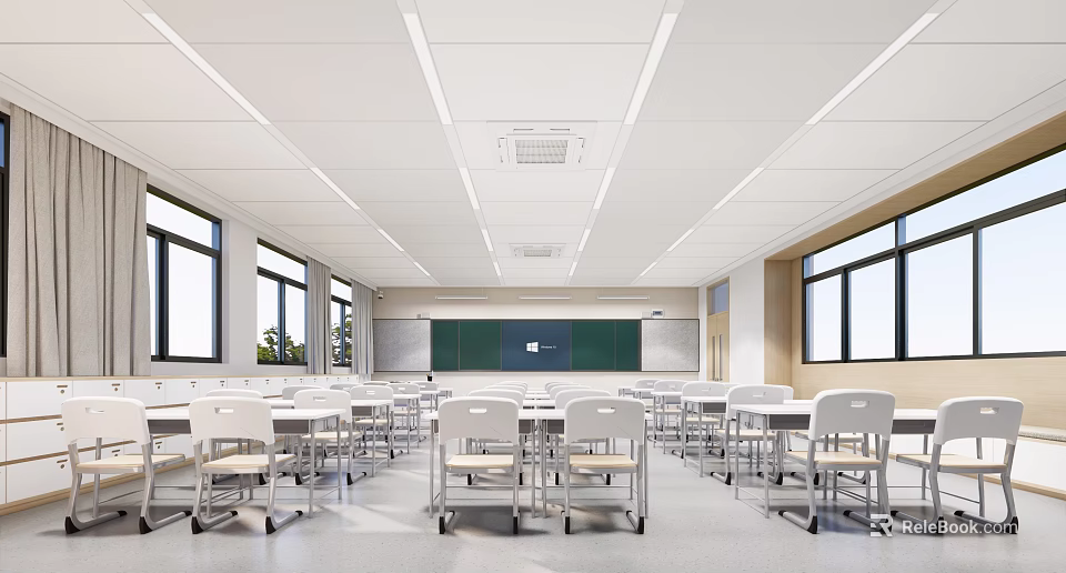 Bright Spacious School Classroom With Neat Desks Chairs Blackboard Windows And Ceiling Light Strips 3d model 