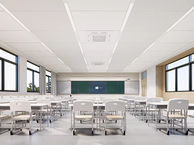 Bright Spacious School Classroom With Neat Desks Chairs Blackboard Windows And Ceiling Light Strips 3d model