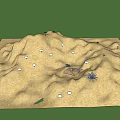 Cartoon Desert Scene With Sand Dunes Small House Cacti And Star Shaped Structure