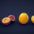 Fresh Whole and Halved Passion Fruits with Juicy Seeds and Ripe Mangoes on Dark Background