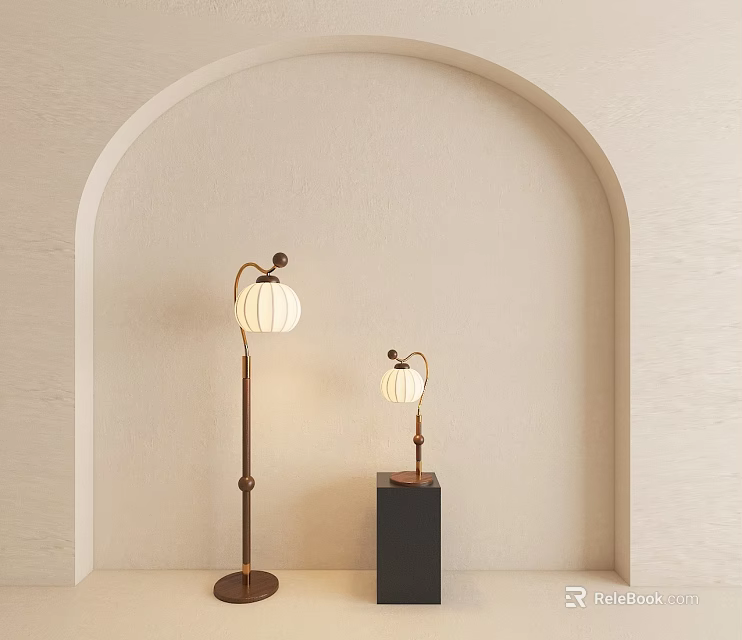 Modern Floor Lamp and Table Lamp with White Shades on Light Colored Arched Wall Background 3d model 