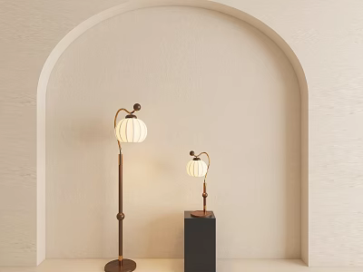 Modern Floor Lamp and Table Lamp with White Shades on Light Colored Arched Wall Background 3d model