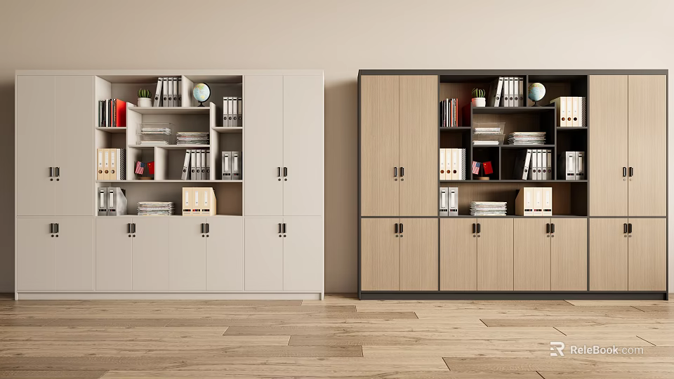 Office Storage Cabinets with White and Wood Tone Design File Folders Books and Globe 3d model 