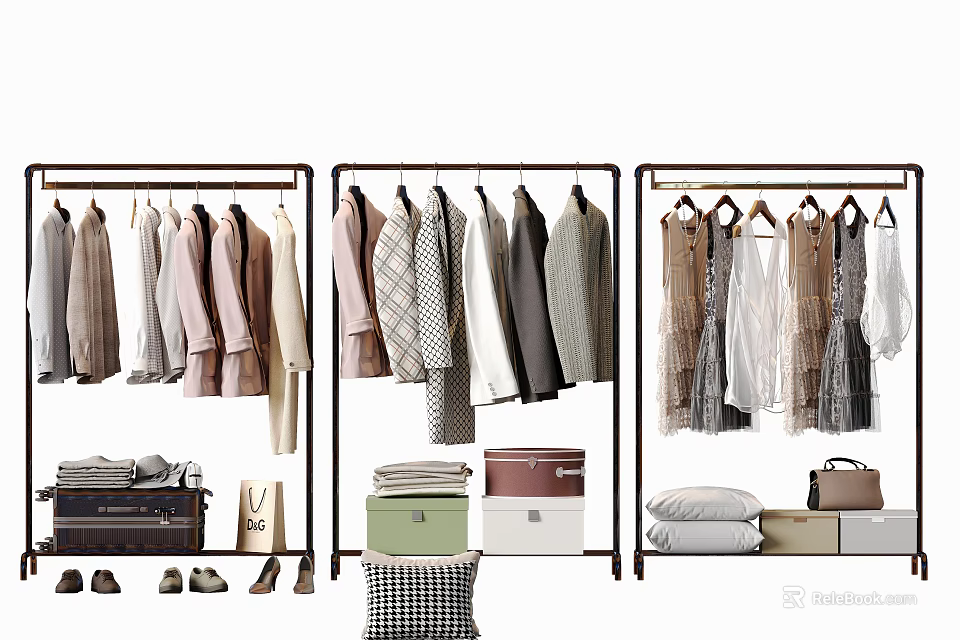 Clothes Display on Three Racks with Storage Boxes and Accessories 3d model
