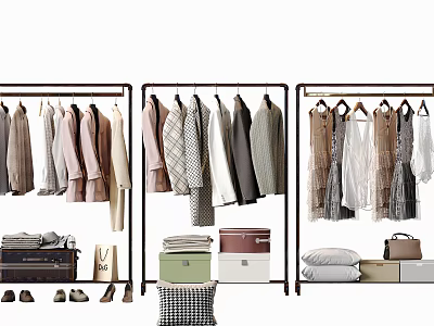Clothes Display on Three Racks with Storage Boxes and Accessories 3d model