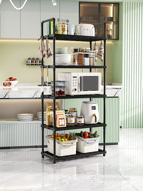 Modern Open Kitchen Storage Rack With Microwave Air Fryer Jars Fruits And Vegetables 3d model 