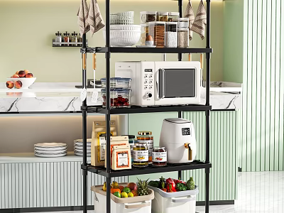 Modern Open Kitchen Storage Rack With Microwave Air Fryer Jars Fruits And Vegetables 3d model