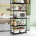 Modern Open Kitchen Storage Rack With Microwave Air Fryer Jars Fruits And Vegetables