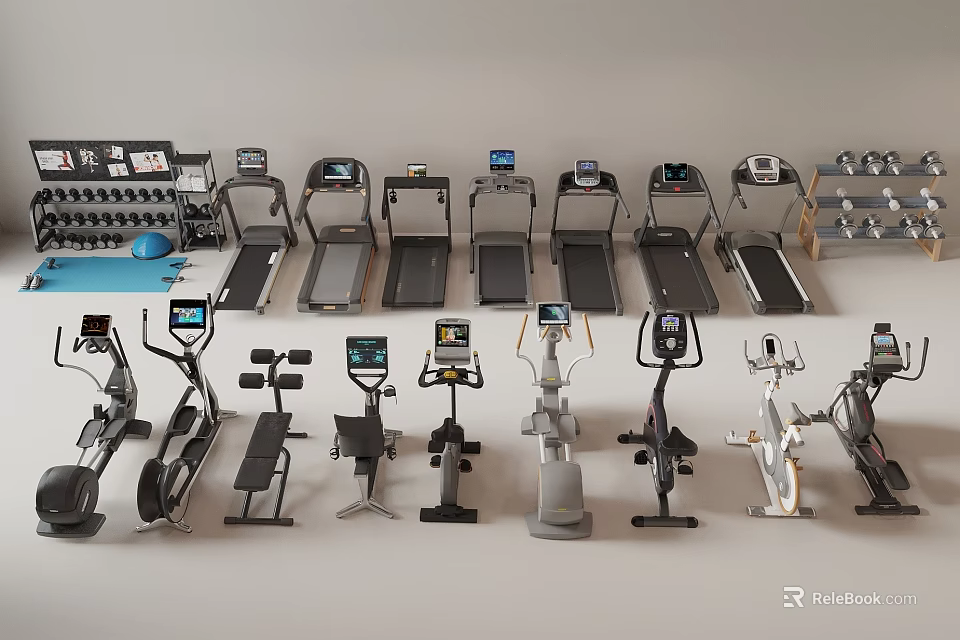 Various Home Gym Sports Equipment Including Treadmills Elliptical Machines Dumbbells and Exercise Balls 3d model 