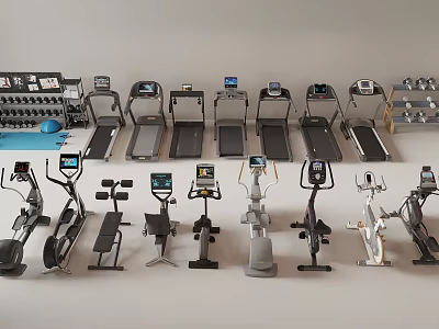 Various Home Gym Sports Equipment Including Treadmills Elliptical Machines Dumbbells and Exercise Balls 3d model