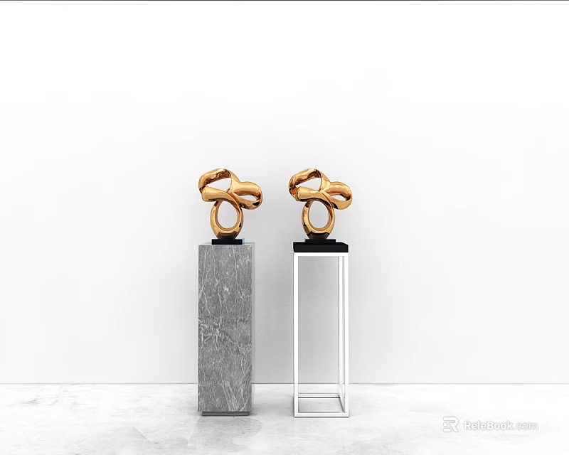 Stylish Side Tables With Gray Stone And White Metal Frames Displaying Golden Sculptures On Top 3d model 