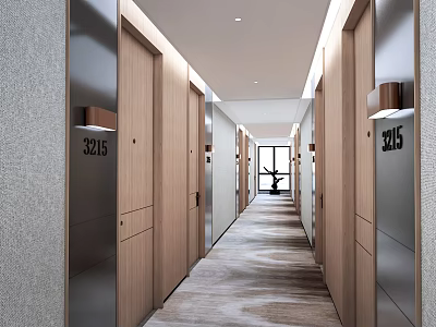 Modern Office Corridor Interior With Wooden Doors Room Numbers And Carpeted Floor Lighting 3d model