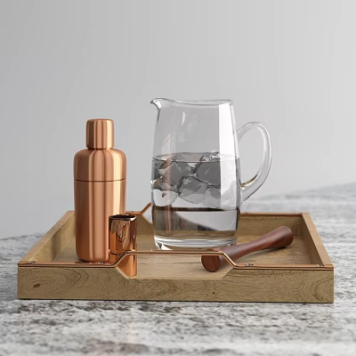 Beverage Serving Essentials With Glass Pitcher Ice Copper Shaker And Wooden Tray 3d model