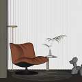 Modern Orange Lounge Chair With Swivel Base Side Table Potted Plant And Floor Lamp