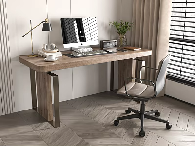 Modern Wooden Desk With Metal Frame And Comfortable Office Chair For Home Workspace 3d model