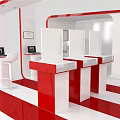 Modern Red And White Exhibition Booth Design With Display Counters White Seating And Digital Screens