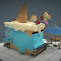 Cartoon Ice Cream Truck Scene With Colorful Umbrella Tables Chairs And Balloons