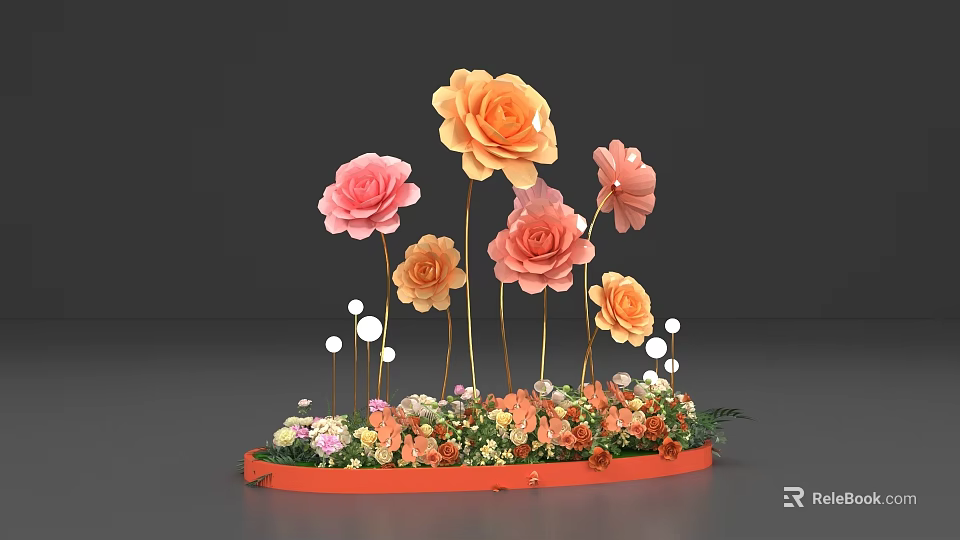 Vibrant Floral Arrangement With Orange Pink Flowers White Spherical Decorations Green Plants On Orange Base 3d model 