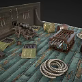 Ancient Weapons Display With Hanging Knives Small Cannon Wooden Barrels Ropes On Wooden Planks Floor