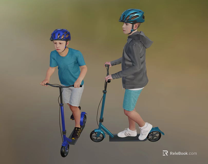 Two Boys Riding Blue And Black Scooters Wearing Helmets In Outdoor Area 3d model 