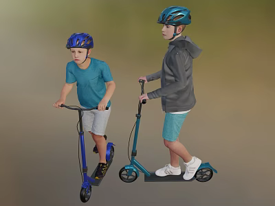 Two Boys Riding Blue And Black Scooters Wearing Helmets In Outdoor Area 3d model