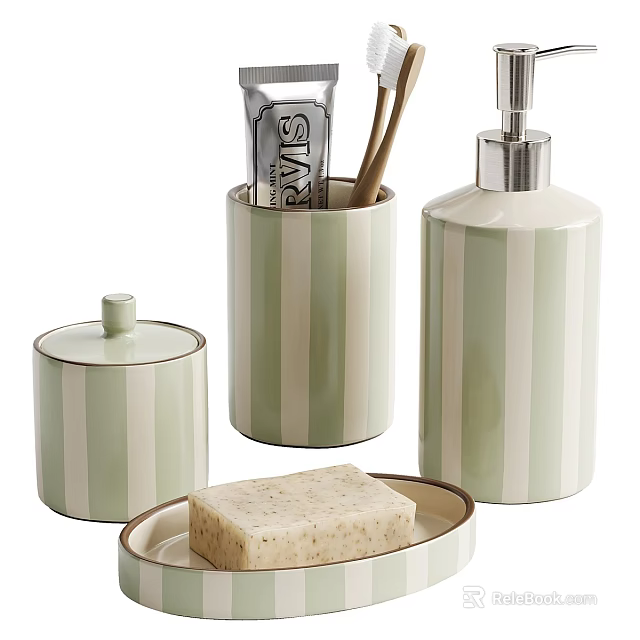 Green And White Striped Bathroom Toiletries Set With Soap Dispenser Holder And Dish 3d model 