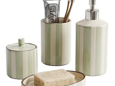Green And White Striped Bathroom Toiletries Set With Soap Dispenser Holder And Dish 3d model