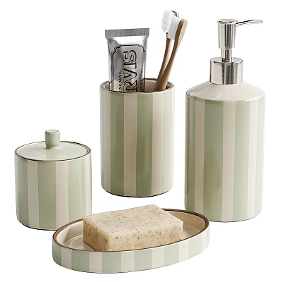 Green And White Striped Bathroom Toiletries Set With Soap Dispenser Holder And Dish 3d model