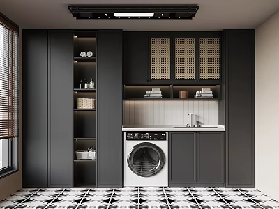 Modern Laundry Room Interior With Dark Cabinets Washing Machine Open Shelves And Tiled Floor 3d model