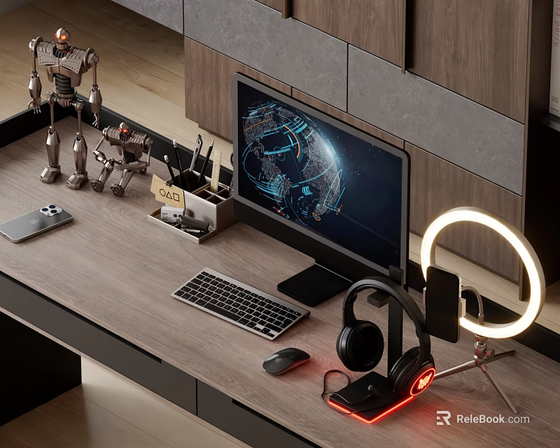 Stylish Decorative Ornament Set with Robot Figurines Computer Monitor Headphones and Ring Light on Desk 3d model 