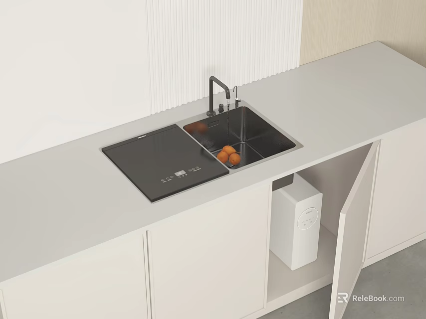 Modern White Kitchen Countertop With Black Cooktop Sink Oranges Open Cabinet And Appliances 3d model 