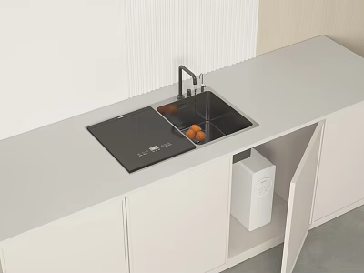 Modern White Kitchen Countertop With Black Cooktop Sink Oranges Open Cabinet And Appliances 3d model