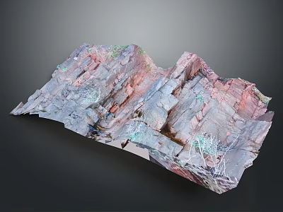 3D Textured Landscape of Colorful Rocky Terrain With Pink Gray Blue Hues and Green Accents 3d model
