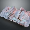 3D Textured Landscape of Colorful Rocky Terrain With Pink Gray Blue Hues and Green Accents