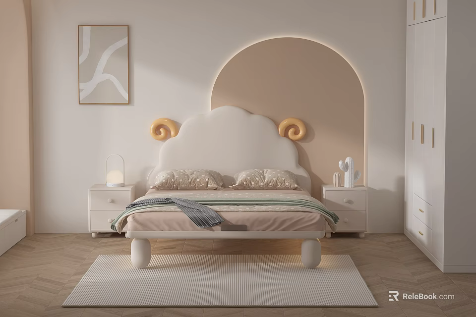 Modern Cozy Kids Bed with Curved Headboard Yellow Accents Bedside Tables Abstract Painting Rug 3d model 